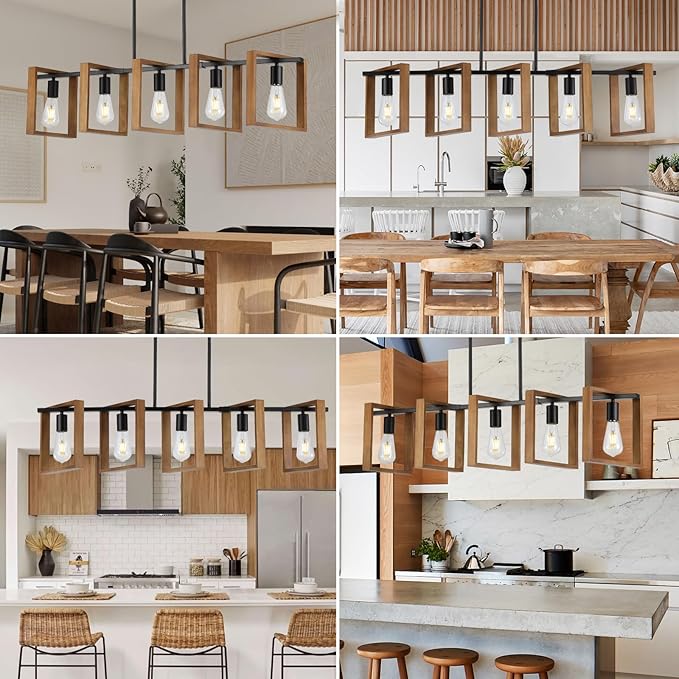 9MMML 41.5" Kitchen Island Lighting,5 Lights Dining Room Light Fixtures, Rustic Farmhouse Height Adjustable Wood Chandeliers for Kitchen, Pool Table Lights, Black Body+Wood Frame,E26.