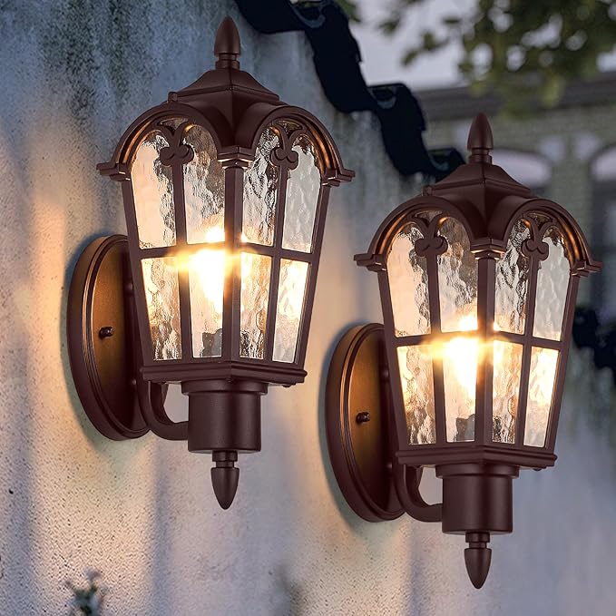Sucolite Outdoor Wall Light Fixtures, Brown Exterior Waterproof Porch Lights Wall Lanterns, Vintage Outside Wall Sconces with Water Ripple Glass for House Front Door Garage, 2 Pack