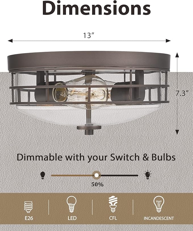 FEMILA Flush Mount Ceiling Light Fixture, 13" Farmhouse Industrial Ceiling Light for Bedroom Hallway Kitchen Porch Entryway, Oil Rubbed Bronze with Clear Glass,4FTJ55-F ORB