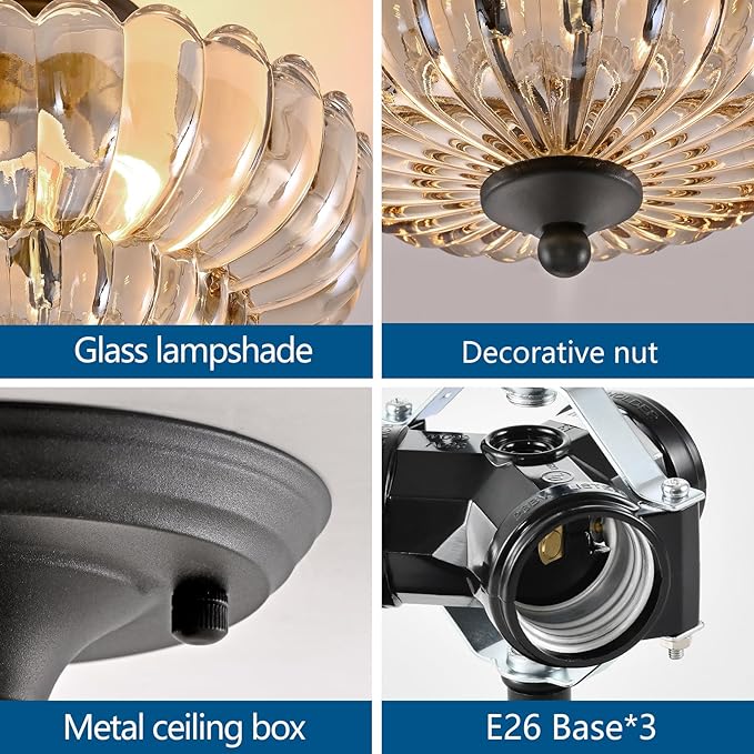 HuixuTe Modern Semi Flush Mount Ceiling Light, 3-Light Black Close to Ceiling Light Fixture with Cognac Glass Shade for Living Room Entryway Bedroom