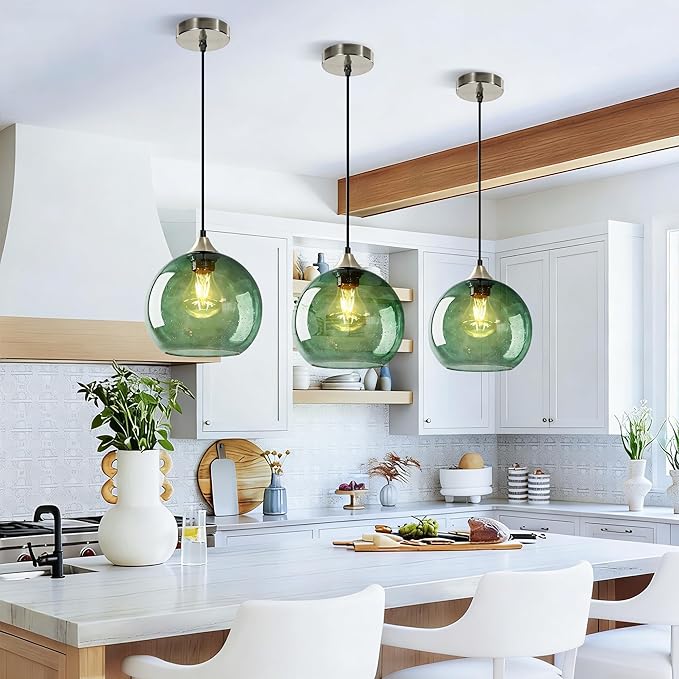 7.1in Medium Green Glass Pendant Light for Kitchen Island, 3-Pack with Extra LED Bulbs & 4.92ft Adjustable Cord | Modern Minimalist Lighting for Dining Room, Living Room, Entryway