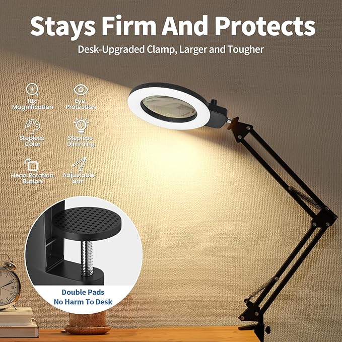 HITTI 12X Ultra Long Magnifying Glass with Light and Clamp, Infinite Color Brightness Workbench Light, Hands Free LED Magnifier Light Stand for Crafts Reading Painting Soldering (12X 27.5In Clamp)