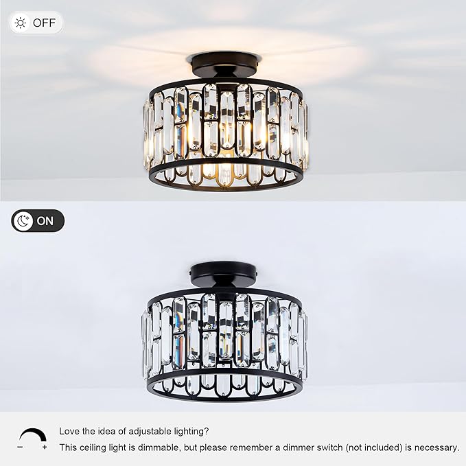 Crystal Ceiling Light Fixture - Modern Semi Flush Mount Chandelier with Crystals for Bathroom Bedroom Entryway Hallway Closet 1 Light 11.6" Diameter