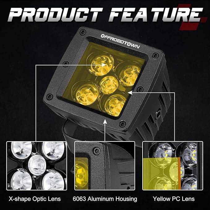 OFFROADTOWN Yellow LED Pods, 100W 2PCS 3 Inch CREE LED Cubes Light Spot Beam Off Road Driving Lights LED Pod Lights Square Led Cubes Yellow Fog Light Ditch Lighting for Trucks UTV ATV SUV Surron Boat