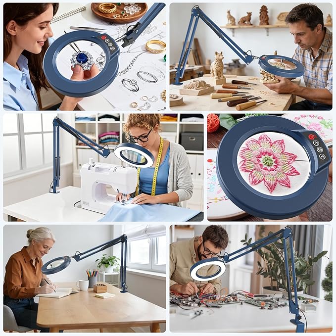 10X Magnifying Glass with Light and Clamp, Real Glass Stand Lighted Magnifier, 5 Color Modes Stepless Dimmable LED Desk Lamp Hands Free for Crafts Hobby Reading Painting Sewing Close Work Large Blue