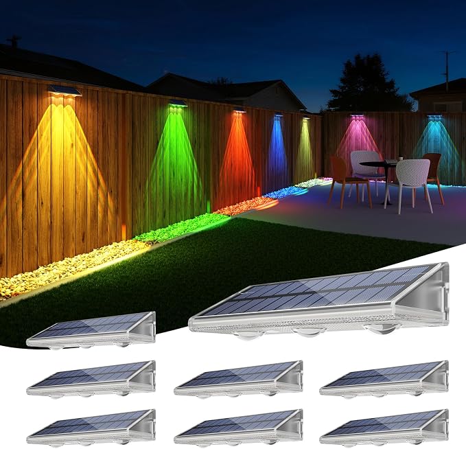 YiLaie Solar Fence Lights Outdoor with IP67 Waterproof, RGB Multi Color & Dusk to Dawn Auto ON/Off Solar Power Wall Mount Solar Lights for Outside Fence Wall Deck Gate (8 Pack)