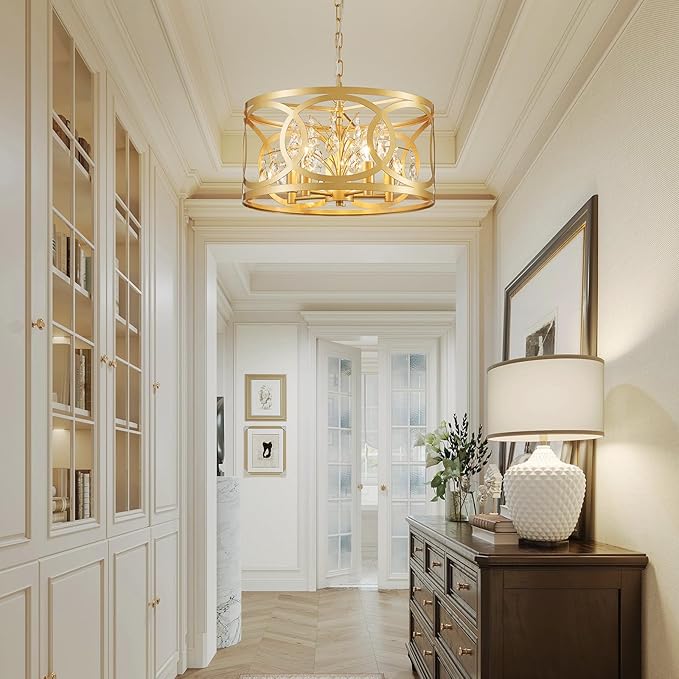 WUZUPS Crystal Chandelier 5-Light Vintage Farmhouse Pendant Ceiling Light Lighting Fixture for Foyer Diningroom Bedroom Hallway Storage Kitchen Bathroom, H 8.3" W 16.1", E12 Base, Gold