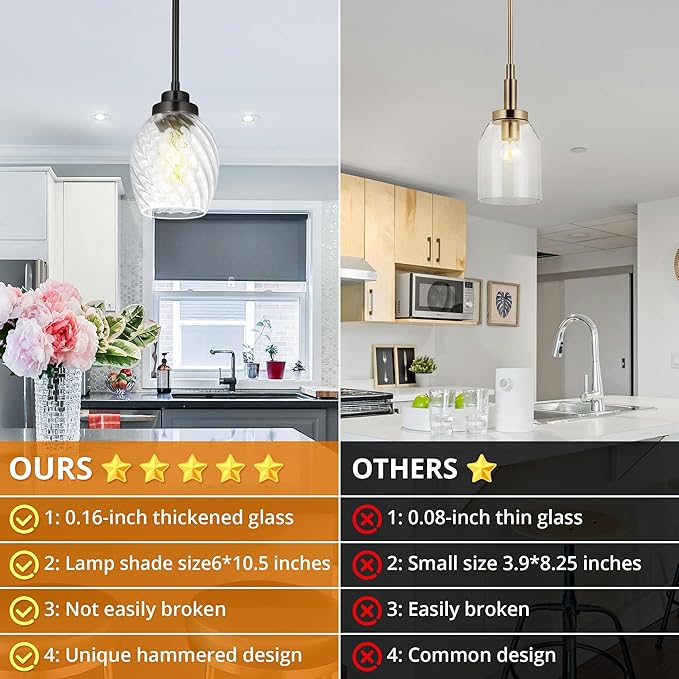 Glass Pendant Lights Kitchen Island,Twisted Clear Glass Treatment Pendant Light,Modern Hanging Light for Kitchen Sink Dining Room Bedroom, E26 (Black, 1pack)