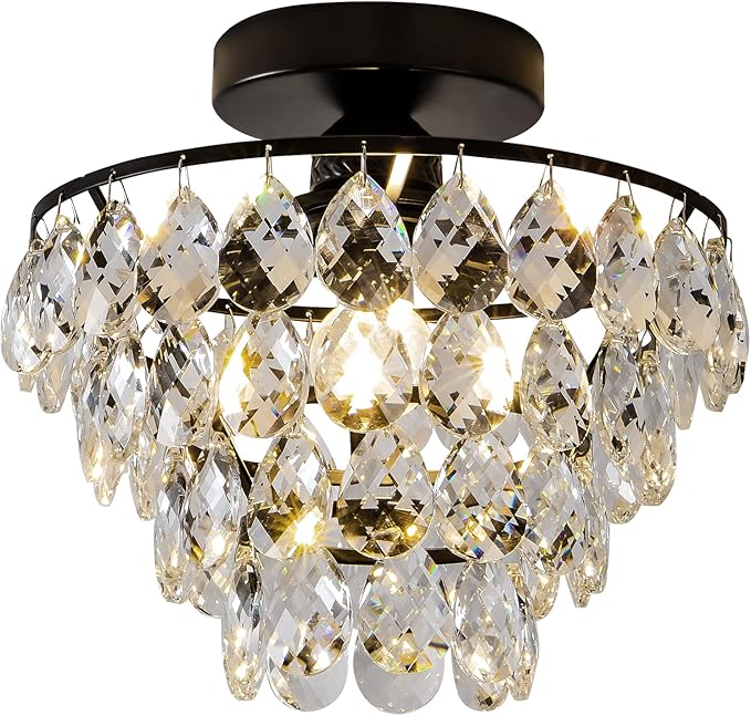 CM MZY Modern Small Crystal Ceiling Light Fixture, Matt Black Semi Flush Mount Ceiling Light Fixture, Mini Crystal Chandeliers for Hallway Bedroom Bathroom Closet Bedroom Foyer