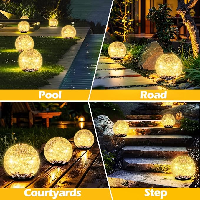 Garden Solar Ball Lights Outdoor Waterproof, 80 LED Cracked Glass Globe Solar Power Ground Lights for Path Yard Patio Lawn, Halloween Christmas Decoration Landscape Warm White(2 Pack 5.9'')