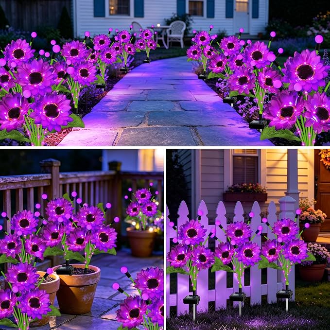 Kohlrabi 4 Pack Purple Solar Sunflowers with Swaying Firefly Lights, Gifts for Mom Women Mothers Day Birthday, Solar Garden Lights Waterproof Firefly Sunflower Light for Outdoor Patio Yard Decor