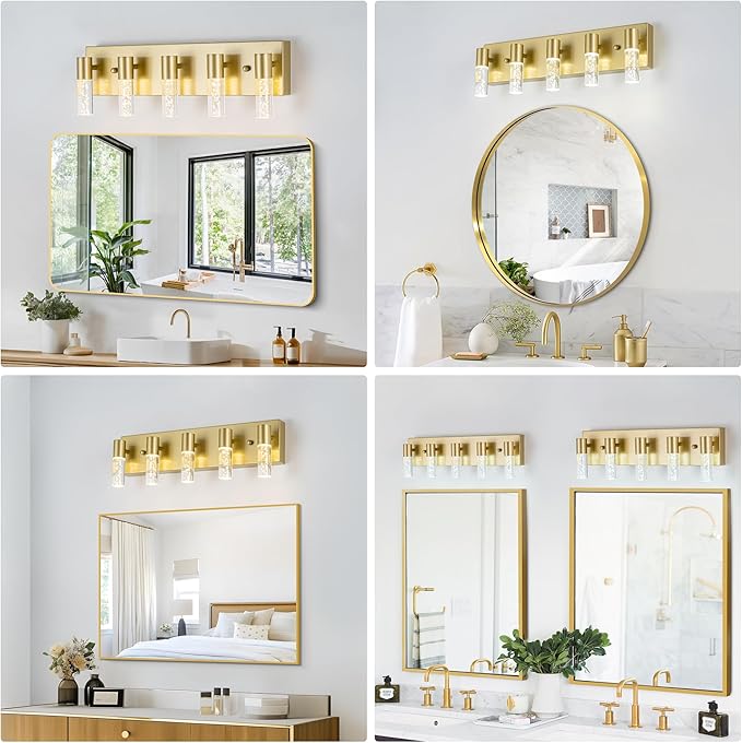 Bathroom Vanity Light Fixtures Over Mirror, Brushed Golden Finish Coating, 5 Light Wall Sconces for Bathroom