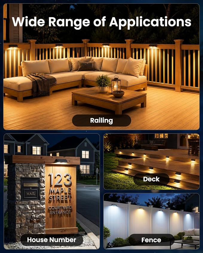 JOFIOS Fence Lights Solar Powered 16 Pack, 3000/4000/6000K 3 Modes, IP65 Waterproof Solar Fence Lights Outdoor, Dusk to Dawn Deck Lights for Outside, Wall, Backyard, Step, Patio, Stair Railings