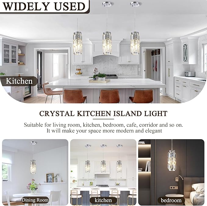 Pendant Lights Kitchen Island Modern Chrome Pendant Light Fixtures, Island Pendant Lights for Kitchen, mini pendant lights Crystal, Adjustable Hanging Lights Fixture for Dinning Room (Chrome 3-Pack)
