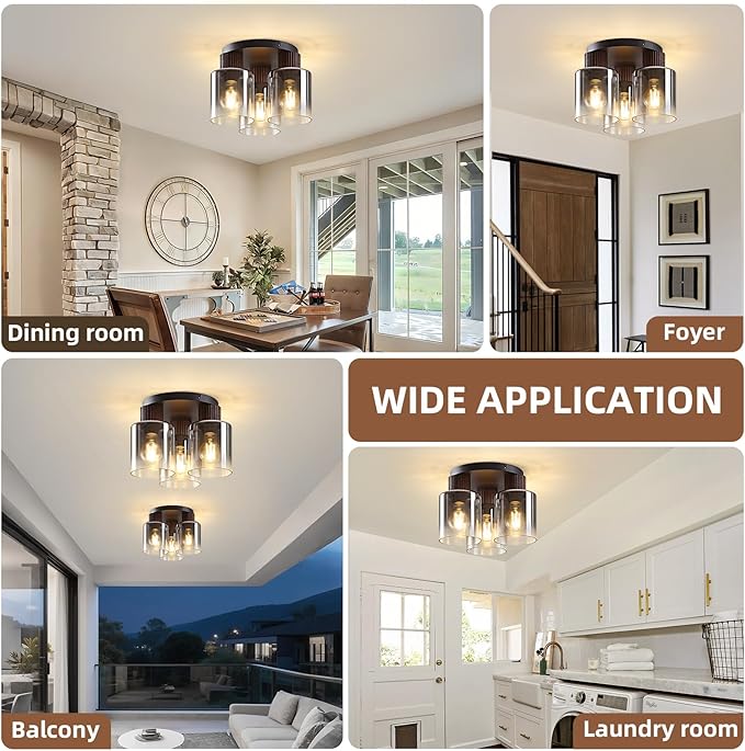 3-Lights Semi Flush Mount Ceiling Light Fixture, Matte Black Modern Close to Ceiling Light for Kitchen, Foyer, Entryway, Hallway, Dining Room, Gray Gradient Glass Shade with Walnut Wood