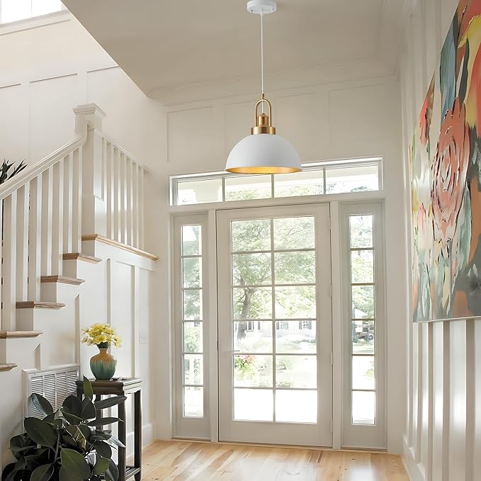 Farmhouse 11.81" White Pendant Light with Gold Finish, Industrial Metal Hanging Lighting Fixtures, Adjustable Height Dining Room Chandelier for Kitchen Island Hallway and Foyer 2 Pack