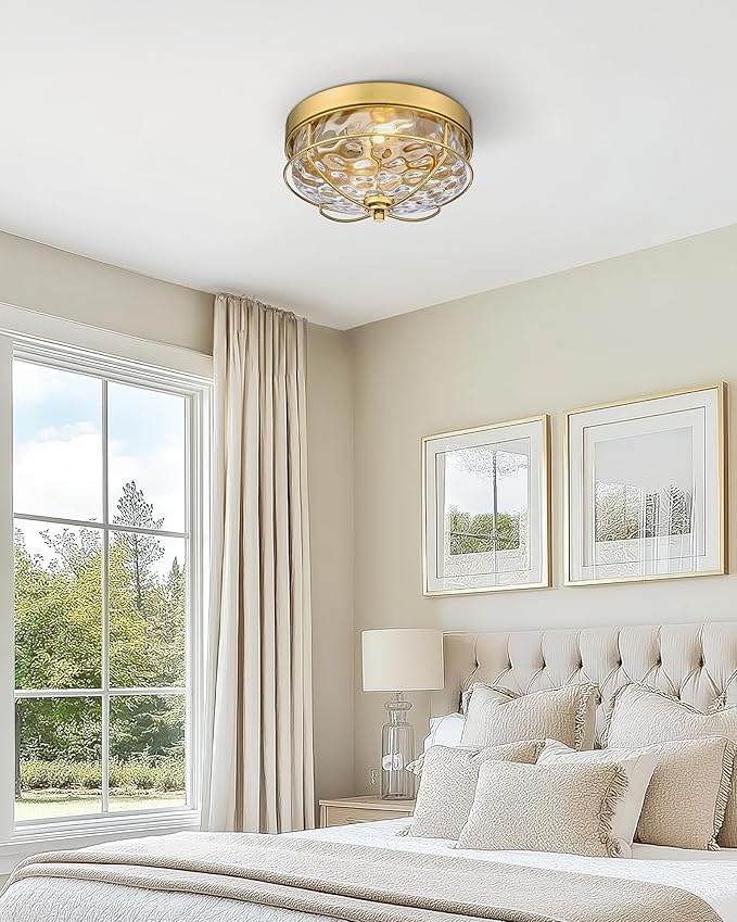 Flush Mount Ceiling Light Gold, HWH 12 Inch Ceiling Light Fixture with Water Ripple Hammered Glass, Modern 2-Light Ceiling Mount Light for Bedroom Kitchen Foyer, 5HTJ7WG-F BG