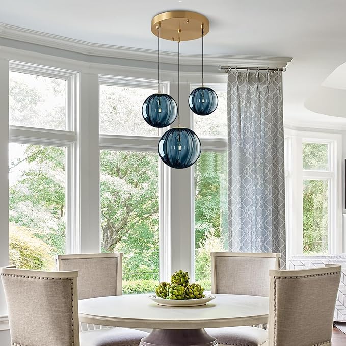 KCO Lighting Mid Century Modern 3-Lights Globe Pendant Light Fixture Brass Gold Cluster Pendant Light Kitchen Island Multi Light Pendant Lighting Ceiling Hanging Blue Glass Hanging Light