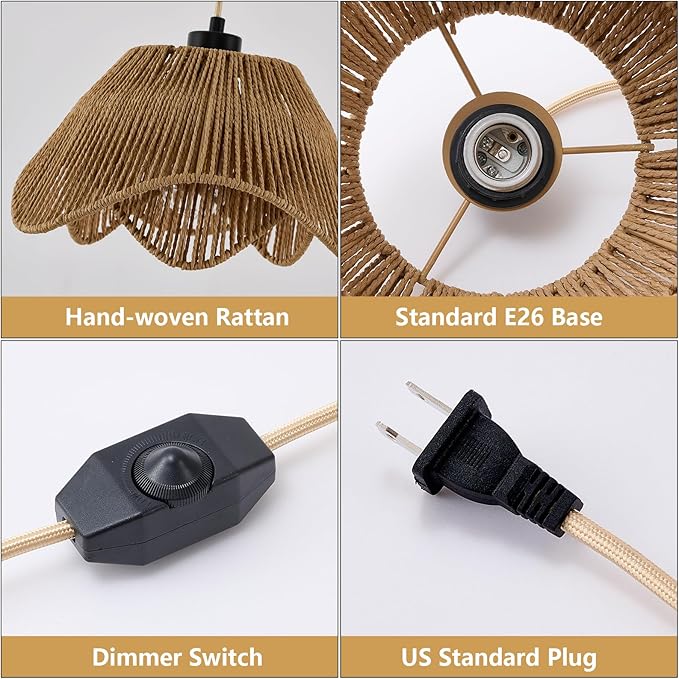 Plug in Pendant Light, Boho Rattan Hanging Lights with Plug in Cord,Rustic Hand Woven Wicker Hanging Lamp with On/Off Switch, Adjustable Plug in Ceiling Light for Kitchen Bedroom Living Room