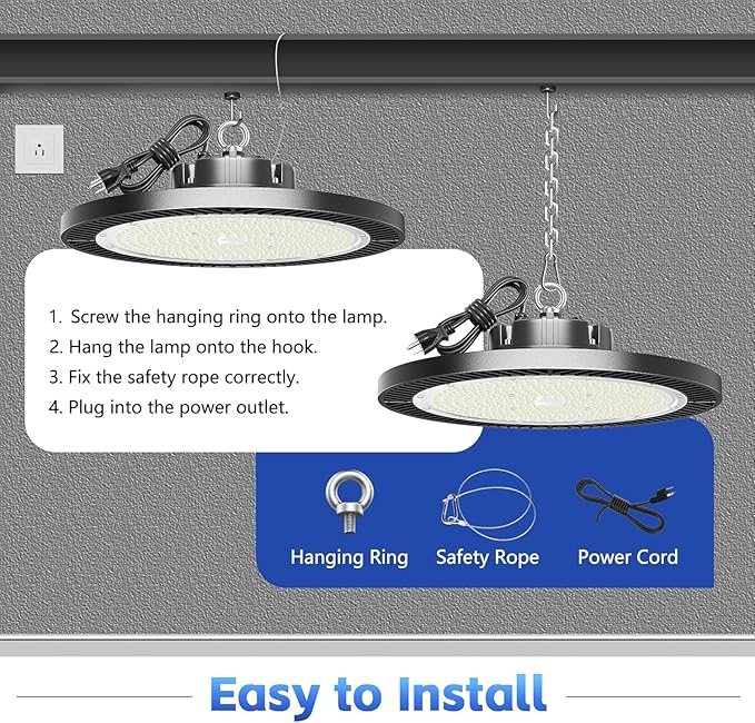 6 Pack 200W High Bay Led Shop Lights - 5000K UFO Led High Bay Light with Plug 5' Cable and Hook Ring, Shop Light UFO Barn Lights Led High Bay Lights for Garage Gym Warehouse Workshop