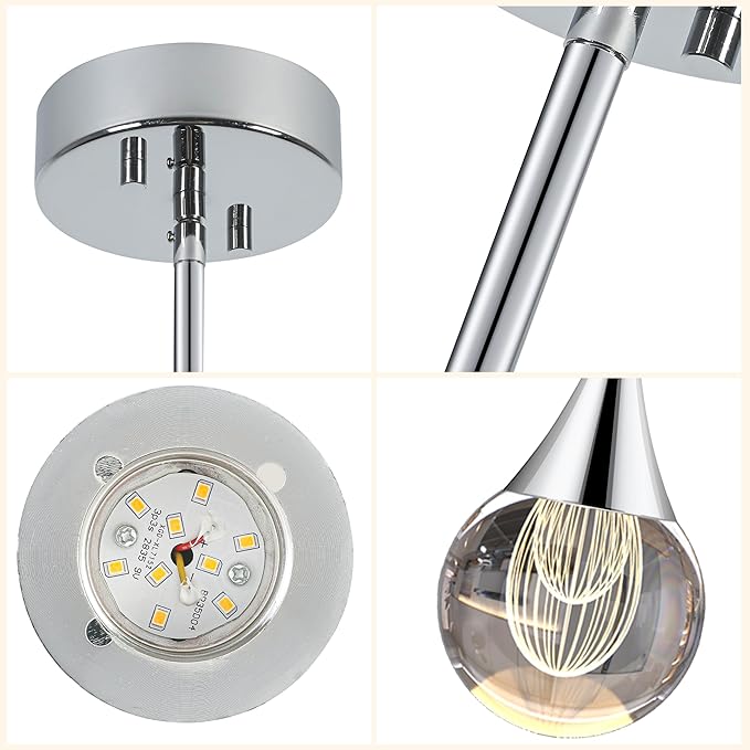 1-Pendant Lights Kitchen Island, Silver Globe Crystal Ceiling Hanging Light Fxitures, LED Raindrop Light Fixtures Metal Rod Ceiling Glass Pendant Lighting for Kitchen Island Dining Room Bar