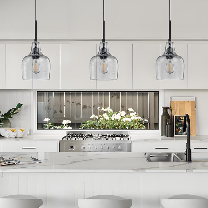 3 Pack 1 Light Indoor Hanging Kitchen Island Pendant Ceiling Light 6.1" Clear Seeded Glass Fixture,Black Finish for Farmhouse Over Sink Bedroom Hallway