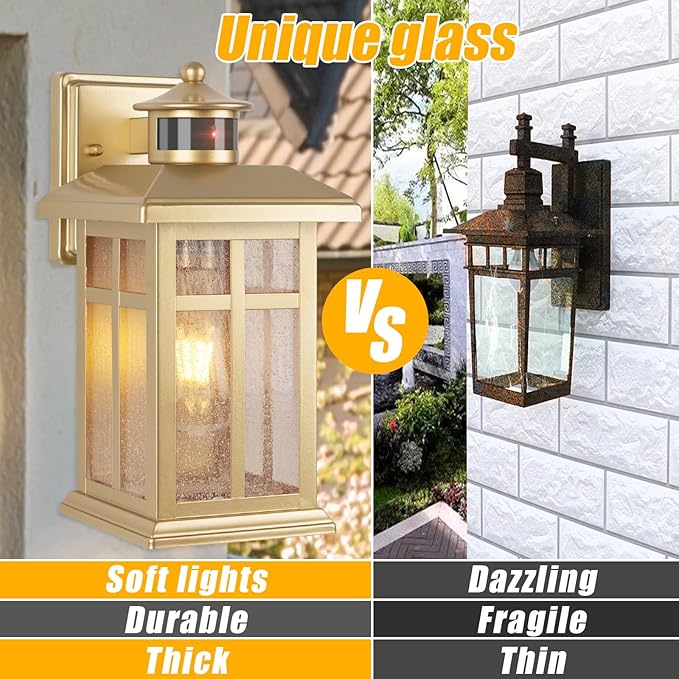 Brilvibera Outdoor Light Fixture Motion Sensor, Gold Waterproof Outside House Light, Modern Wall Lights, Outdoor Garage Light Dusk to Dawn Exterior Light Fixture for House, Garage, Garden