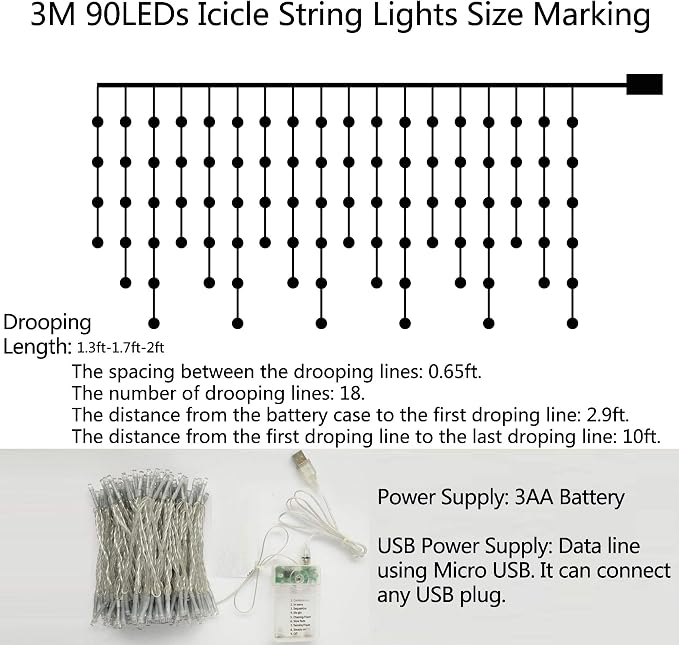 Icicle Lights 90 LED 10 ft Short Curtain Lights with 8 Modes Remote Control,Powerd by USB & Battery - Waterproof Fairy String Lights for Indoor & Outdoor,Holiday,Party,Window Decoration(Warm White)
