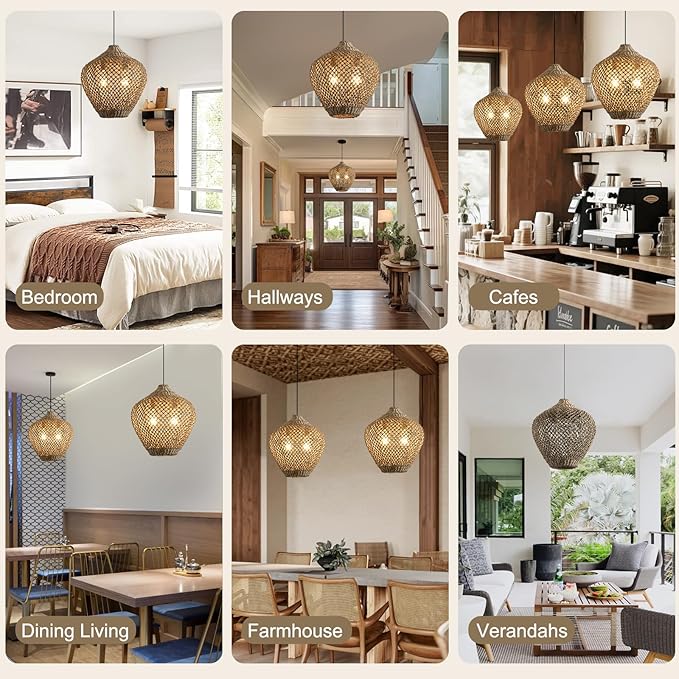 17.72" Rattan Pendant Light,Boho Hand Woven Seagrass Hanging Light Natural Grass Rattan Chandelier for Dining Living Bedroom Kitchen Island