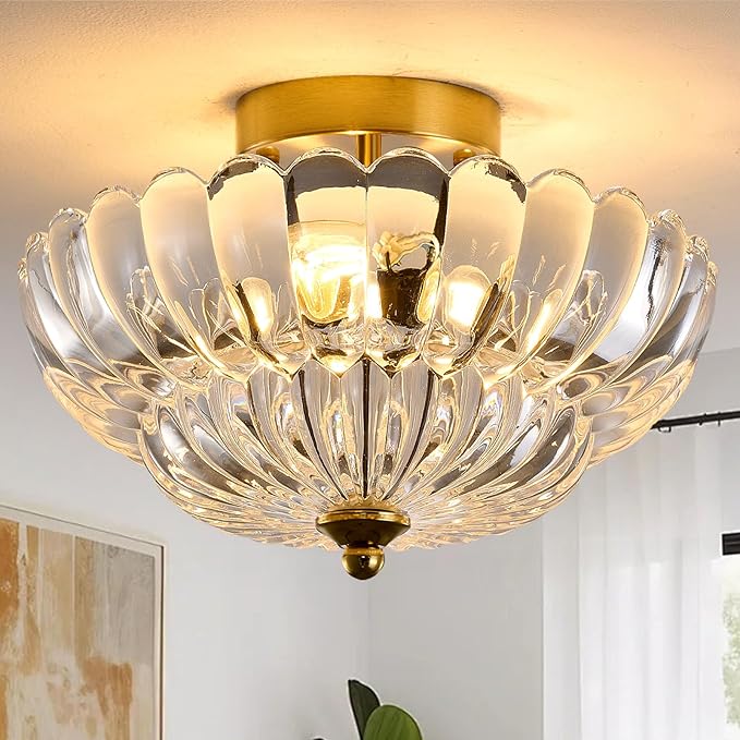 Gold Semi Flush Mount Ceiling Light, 12 Inch Vintage Crystal Light Fixture with 3-Light E26 Base, Modern Close to Ceiling Lamp for Bedroom Hallway Entryway Kitchen Foyer