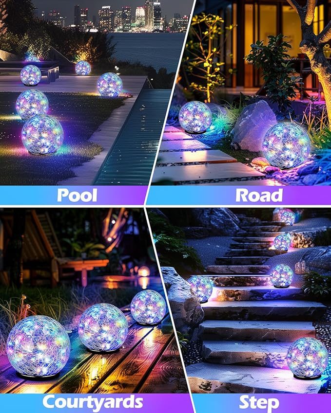 Garden Solar Ball Lights Outdoor Waterproof, 80 LED Cracked Glass Globe Solar Power Ground Lights for Path Yard Patio Lawn, Outdoor Decoration Landscape Colorful(2 Pack 5.9'')