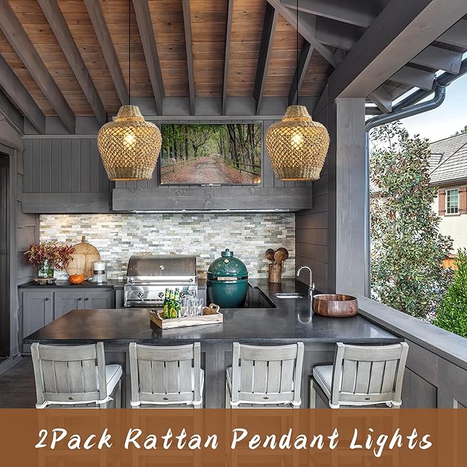 2 Pack Rattan Pendant Light, 11.81” Boho Wicker Hand Woven Hanging Seagrass Lighting Fixture, for Farmhouse Kitchen Bedroom Dining Living, Hallway