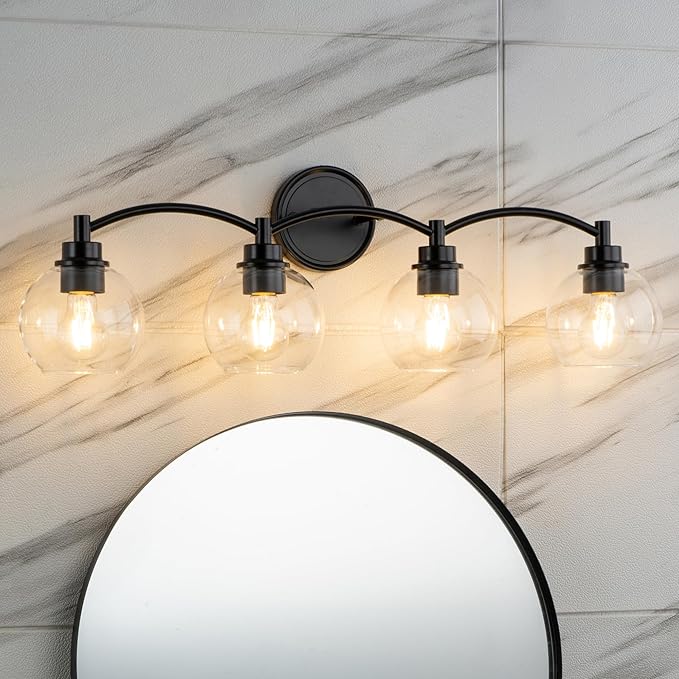 4-Light Vanity Light Fixture Over Mirror,Globe Bathroom Light with Clear Glass,Modern Black Wall Sconce,ZCVL02BK-4