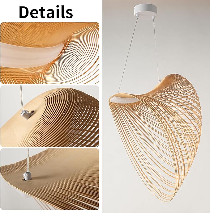 Modern Creative Dynamic Pendant Light, 23.6‘’ Farmhouse Wooden Gravity Spiral Ceiling Mount Hanging Lamp, 20W, 1800LM, Warm White LED Chandelier for Living Room, Dining Room, Cafes, Decor(White)