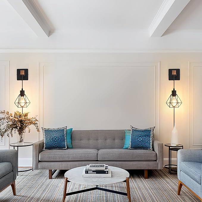 Rustic Wall Sconces Fixtures with Plug in Cord, Set of Two Indoor Vintage Rattan Wall Light Industrial Lamp Fixture Farmhouse Metal Sconces Light for Bedroom Bedside Living Room