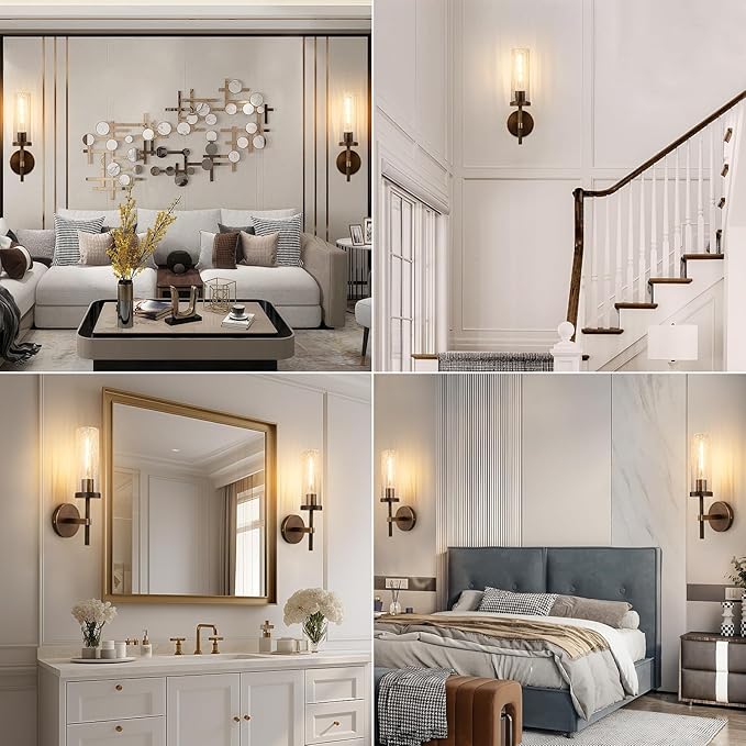 15" Knurled Brass Wall Sconces Set of 2, Bronze Bathroom Vanity Light Fixtures with Crackle Glass Tube, Modern Lamp Lighting for Bedroom, Living Room, Hallway, Staircase, Mirror, Kitchen