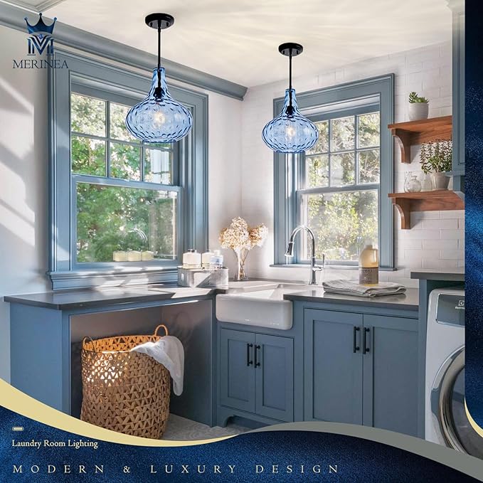 11" Hand-Blown Blue Glass Pendant Light, Hammered Glass Shade with Black Finish, Adjustable Modern Hanging Light Fixture for Kitchen Island, Dining Room, Hallway, Living Room