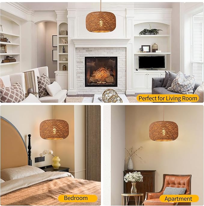 Plug in Pendant Light with Woven Rattan Lampshade, 12” Boho Hanging Lamp with 15FT Cord & On/Off Switch, E26 Socket, Ceiling Hook Installation for Bedroom Living Room Dining Nook Apartment