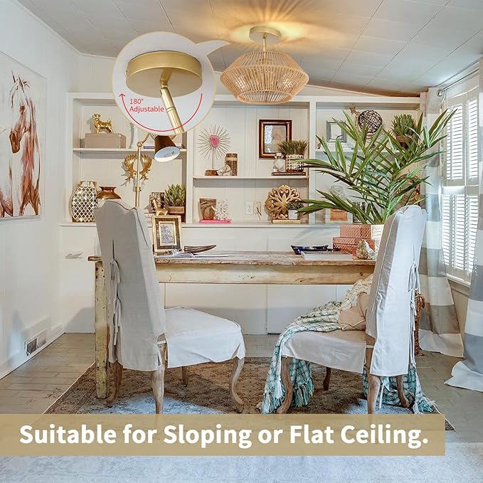 2-Lights Woven Rattan Ceiling Light Fixture, Beige Farmhouse Hand-Woven Cage Semi Flush Mount Light, Small Boho Coastal Basket Close to Ceiling Light for Bedroom Hallway Nursery Entryway