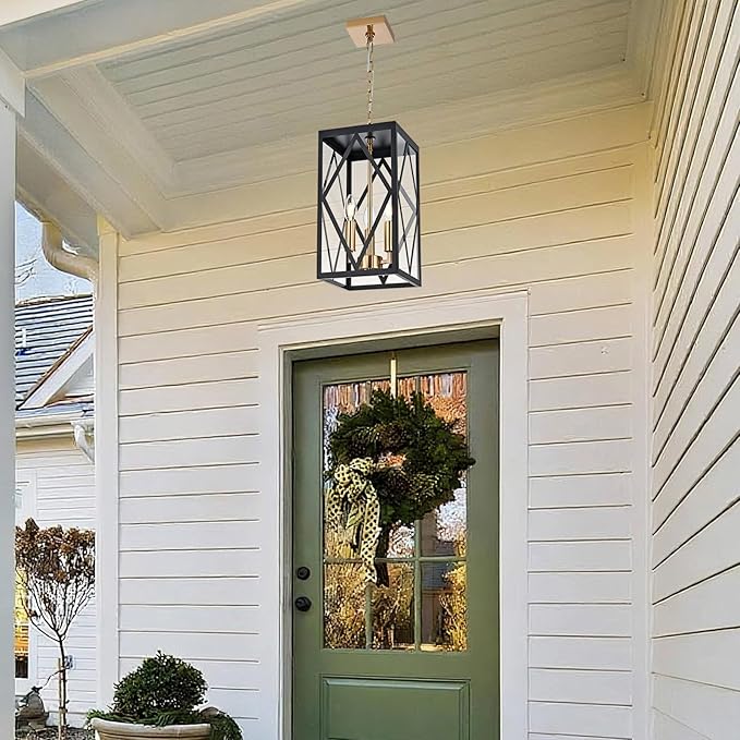 3-Light Outdoor Pendant Lights for Porch 15.7'' Outdoor Chandelier Black & Brushed Brass Exterior Hanging Porch Light Fixtures w/Clear Glass, Waterproof Outside Pendant Lantern for Front Door