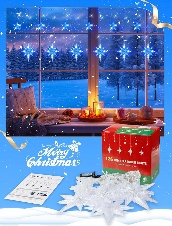 Star Icicle Lights Outdoor,126 Led 12 Star Hanging String Light with 8 Modes,Waterproof Connectable Fairy Star Window Lights for Bedroom,Wall,Wedding,Party,Brithday,Christmas Decor,Blue White