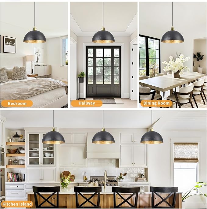 Black Farmhouse Pendant Light with Hammered Metal Shade Vintage Dome Pendant Light Adjustable Hanging Lighting fixtures for Kitchen Island Dining Room Hallway and Bar