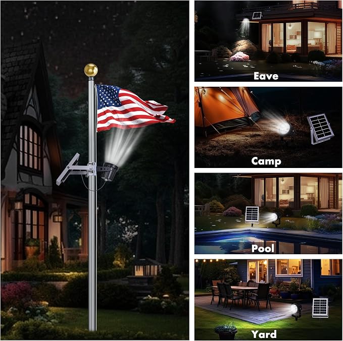 Flagpole Light Solar Powered,Auro 7 Solar Spot Light 7 LED for 1.5"-3.3" Poles,12H Dusk to Dawn Auto On/Off,5W Outdoor IP65 Waterproof,Multiuse on Landscape,Wall - Cold White