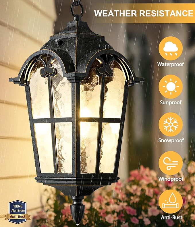 18" Outdoor Pendant Light Dusk to Dawn for Porch, Anti-Rust Aluminum Chandelier, Waterproof Exterior Hanging Lighting Fixture with Ripple Glass for Gazebo, Black with Golden Edge