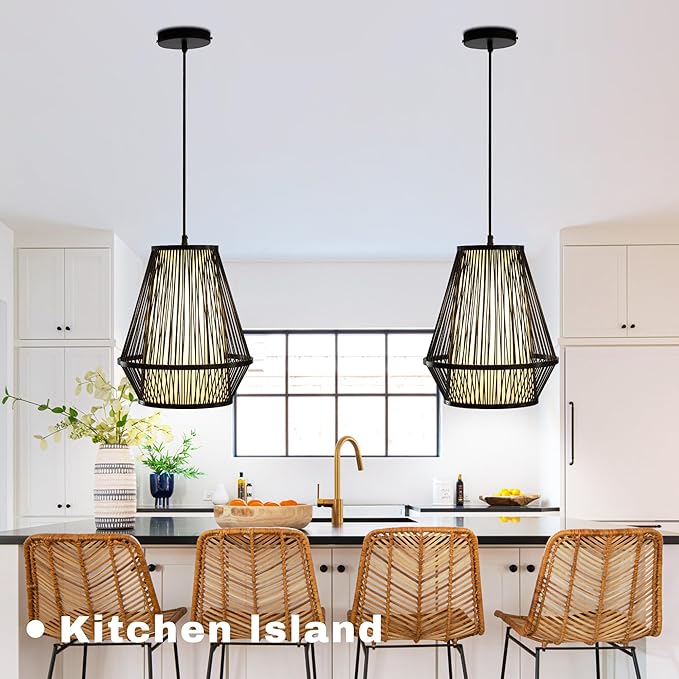 Boho Rattan Pendant Light, 12" Handwoven Bamboo Wicker Basket Shade Pendant Light Fixture, Natural Rustic Farmhouse Chandelier for Kitchen Island, Dining Room, Bedroom