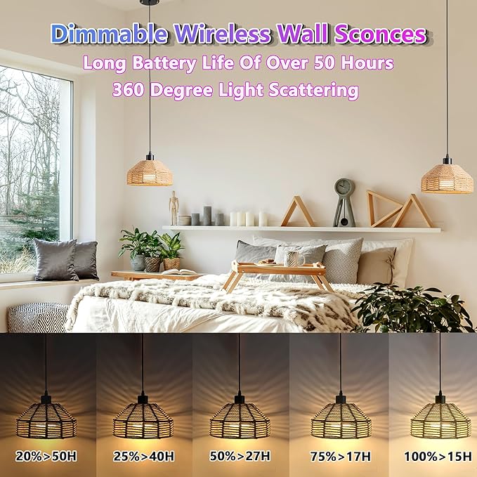 Battery Operated Pendant Light Set Of 2,Rechargeable Hanging Light 50 Hours Long Battery Life, RGB Color-Changing Chandelier Boho Woven Rattan Pendant Light Ideal For Indoor Lighting