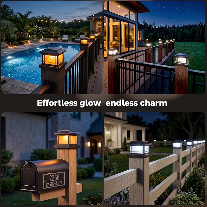 JOFIOS Flickering Flame Solar Post Cap Lights Outdoor, Black Post Lights with 3 Color Temperature, Fits 3.5" 4" 4.5" 5" Wood/Vinyl Posts, IP64 Waterproof Fence Deck Lights for Garden Patio Yard 4 Pack