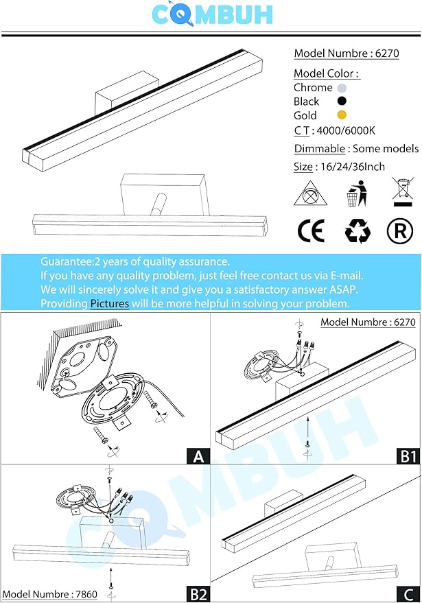 Combuh LED Bathroom Vanity Light Bar Dimmable IP44 Over Mirror Lighting Fixture 24Inch Wall Sconces Indoor 14W Modern Cool White 6000K Chrome