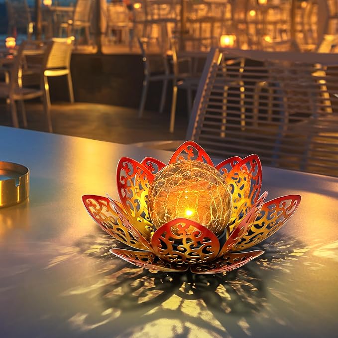 Solar Garden Decor Lights Outdoor, Decorative Lotus Flower Solar Lights with Crackle Glass Globe, Waterproof Metal Solar Lights for Patio Yard Lawn Walkway Garden Decor