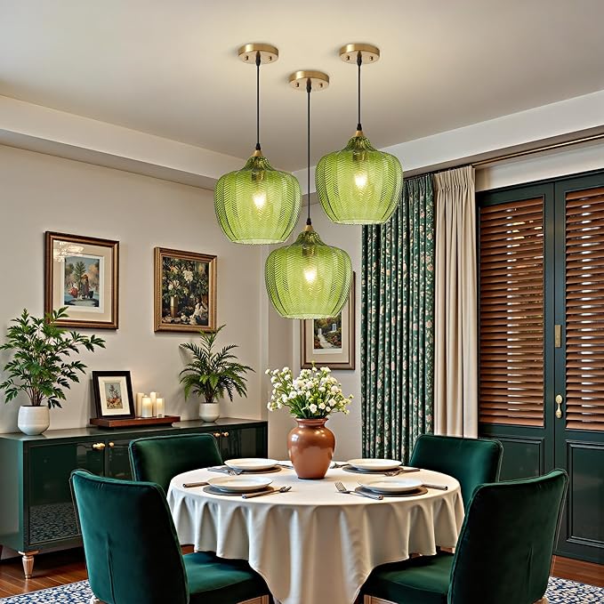 Modern Gold Pendant Light, Green Glass Farmhouse Kitchen Island Pendant Light Fixture Adjustable Vintage Hanging Ceiling Light for Dining Room Corridor 9.45 inch 1 Pack, UL Certification